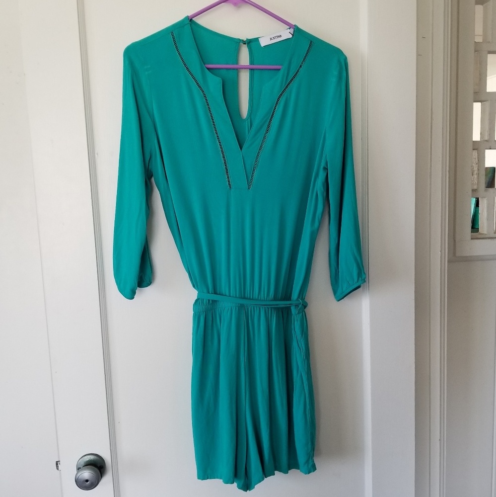 JustFab teal v-neck long sleeve romper